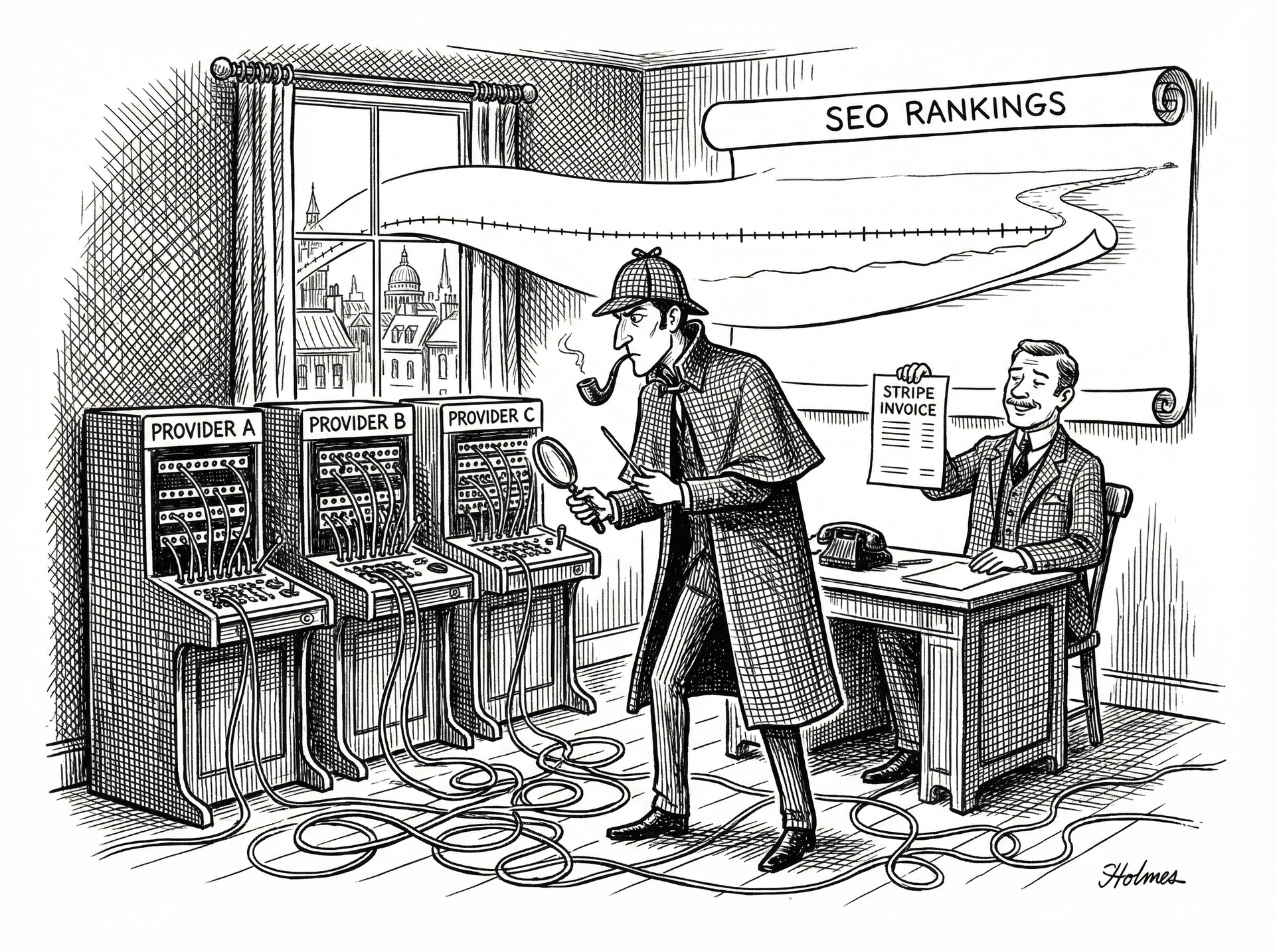 Sherlock Holmes debugging voice provider integrations with tangled wires while Watson holds a successful Stripe billing invoice.