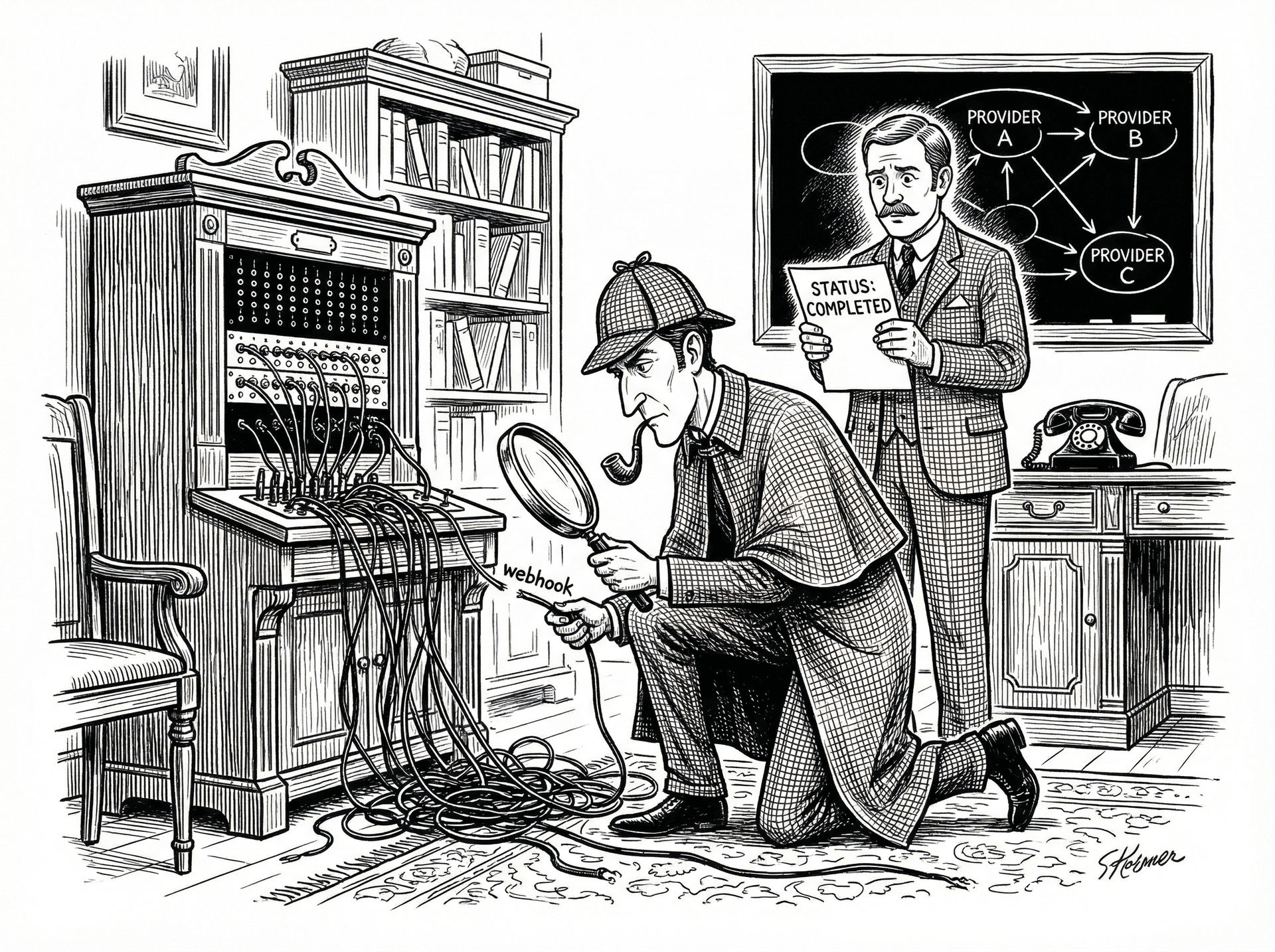 Sherlock Holmes uses a magnifying glass to debug Twilio call failures by examining severed webhook wires at a switchboard.