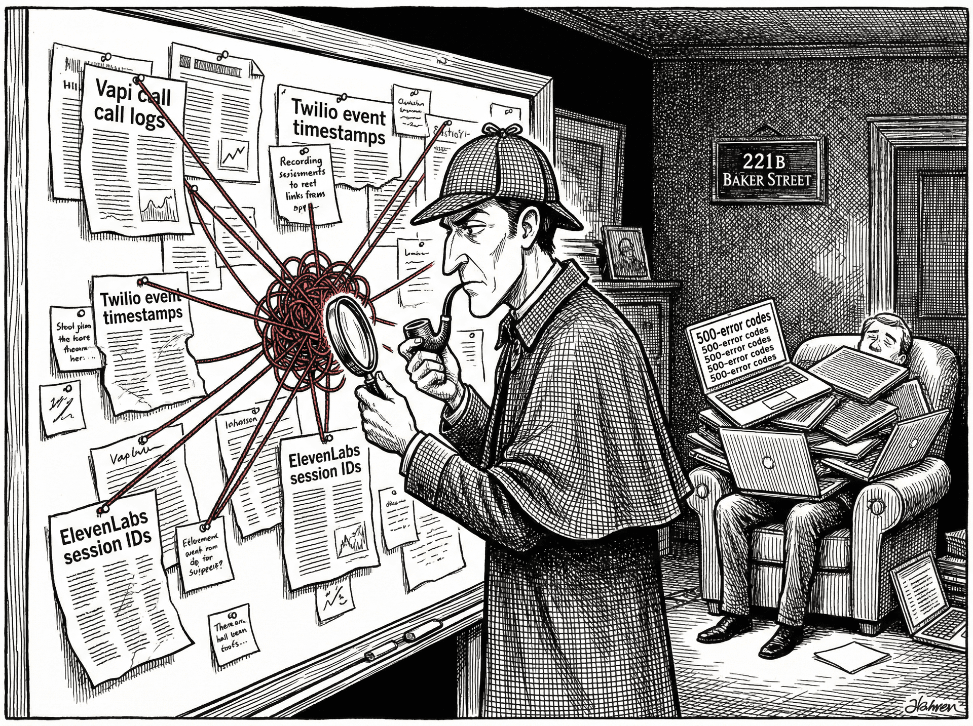 Sherlock Holmes debugging Vapi call failures by correlating Vapi call IDs with Twilio events and ElevenLabs sessions on evidence board.