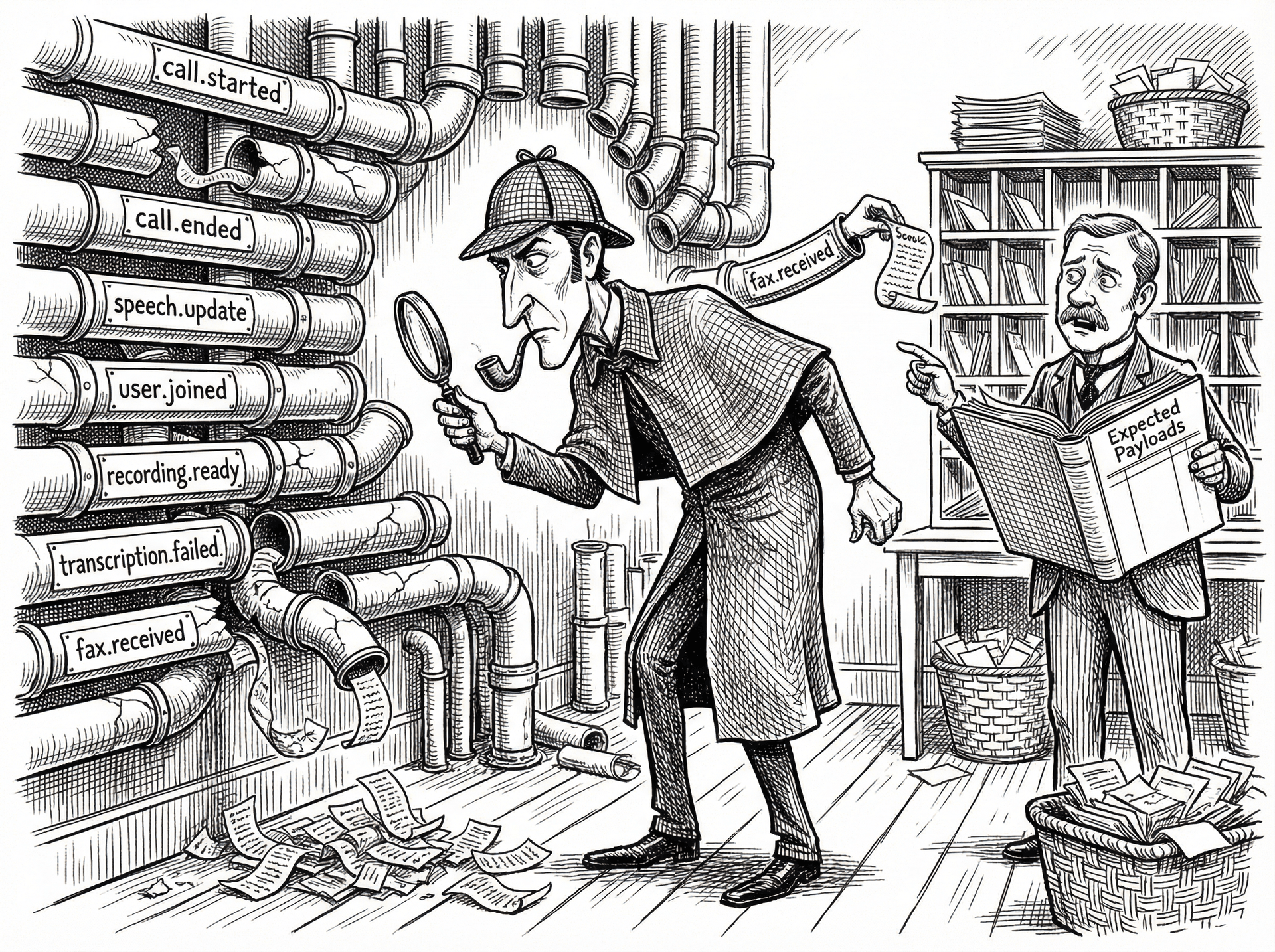 Sherlock Holmes inspects broken pneumatic tubes labeled with Vapi webhook events, debugging missed payloads and failures.